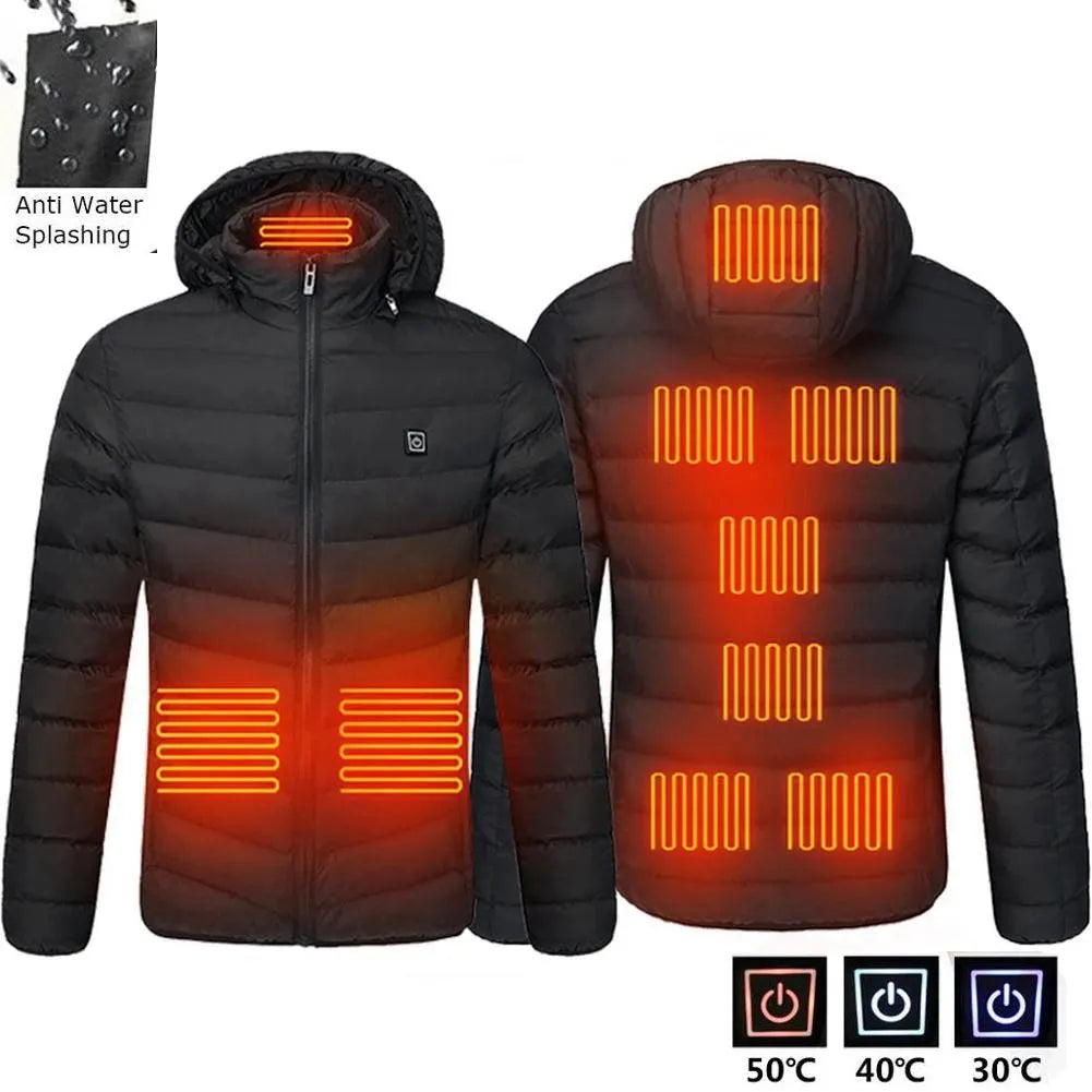Black heated jacket with visible heating elements on a white background