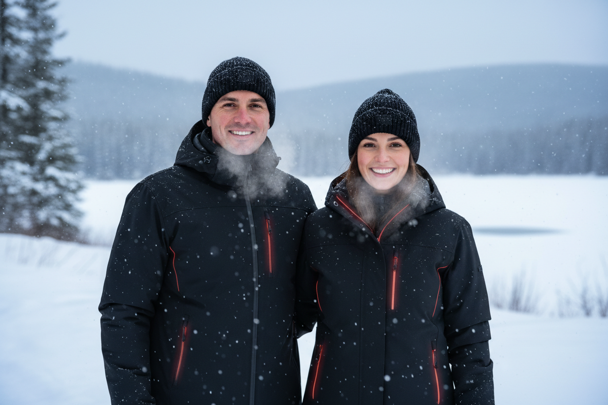A high-quality, photorealistic winter lifestyle banner image for an e-commerce Shopify homepage.
A confident man and woman standing outdoors in a cold winter environment with light snowfall and misty breath visible.
They are wearing a modern heated jacket and a heated cap, subtle red-orange glowing heat lines visible inside the jacket and cap, showing active heating technology.
The jacket looks premium, slightly matte black, minimal design, no logos.
The cap looks stylish and warm, not bulky.
Background sho