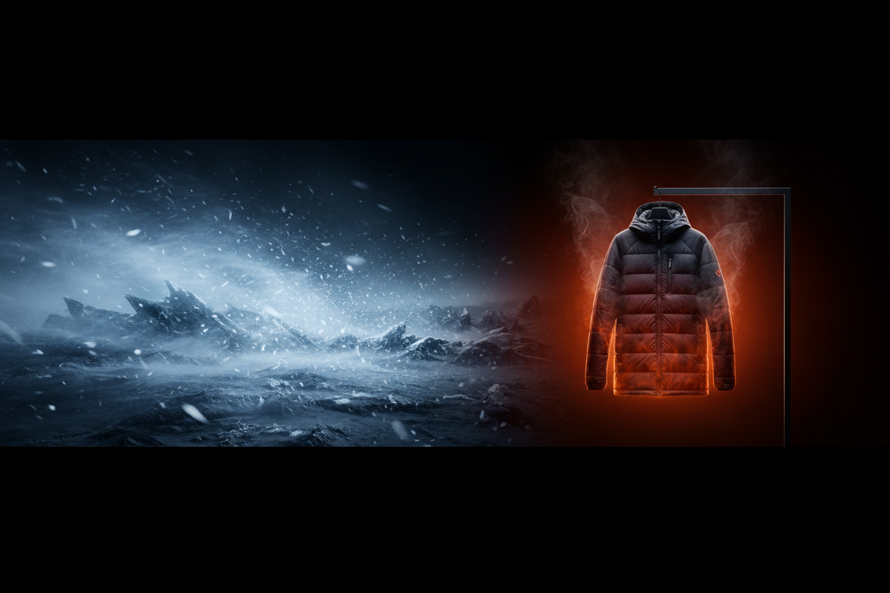 Cinematic split-scene banner image.
Left side shows harsh winter conditions: icy wind, snowstorm, frozen blue tones.
Right side shows a warm, glowing environment around a heated jacket hanging on a minimal stand.
The jacket itself emits a soft orange-red internal heat glow, creating a visible temperature contrast.
Steam rising gently from the jacket, symbolizing warmth.
Dark premium background, studio lighting, sharp focus on jacket fabric texture.
Clean empty space above for Shopify banner text.
Ultra-real